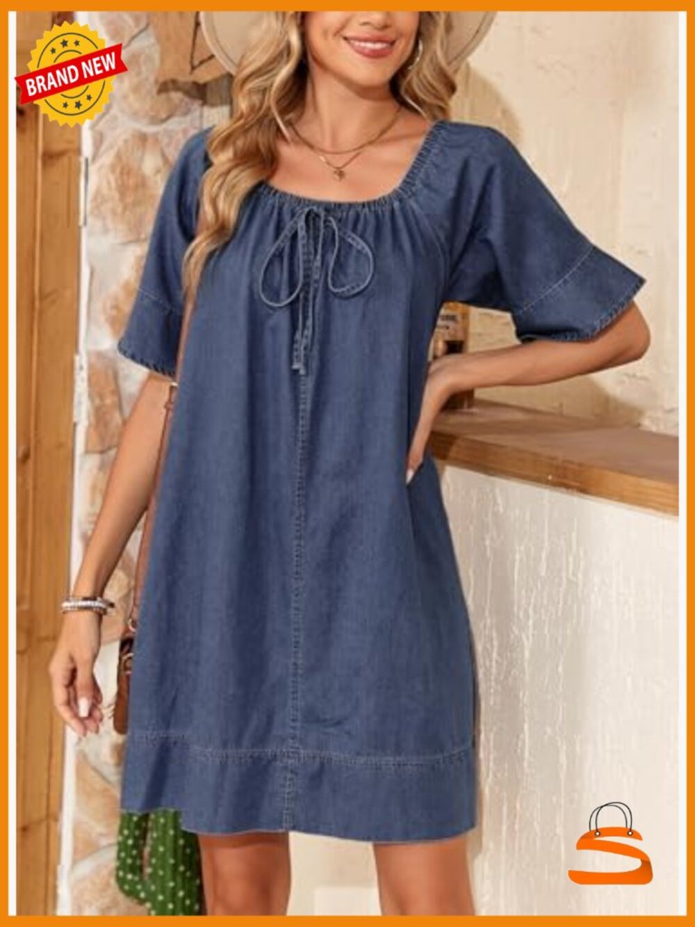 Lightweight Flowy Denim Dress Square Neck Short Sleeve Tie Knot Front - Picture 6 of 7